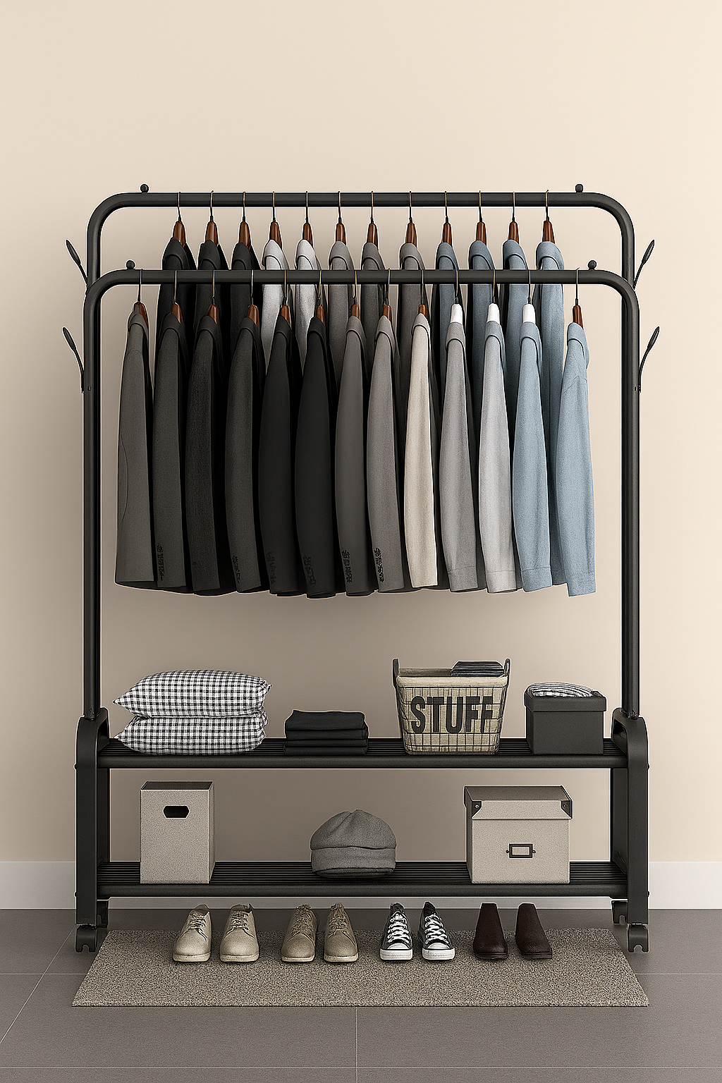 Organisateur de vêtements en métal inoxydable, portable, avec double tringle, crochets latéraux et 4 roulettes – capacité jusqu’à 48 kg