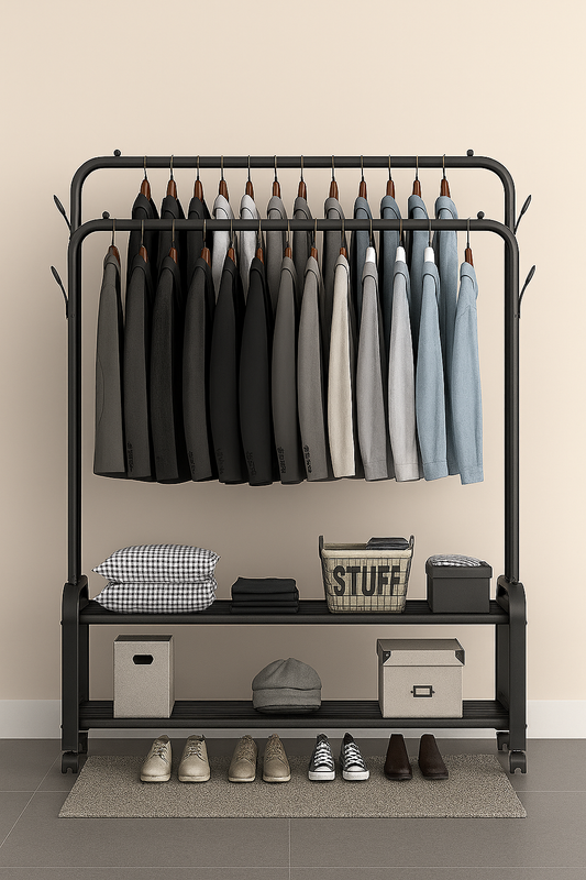 Organisateur de vêtements en métal inoxydable, portable, avec double tringle, crochets latéraux et 4 roulettes – capacité jusqu’à 48 kg